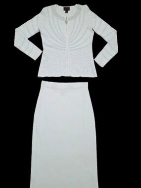 Tally Taylor Kayla Knit Skirt Suit Set Sz 8 White Silver Rhinestone Church